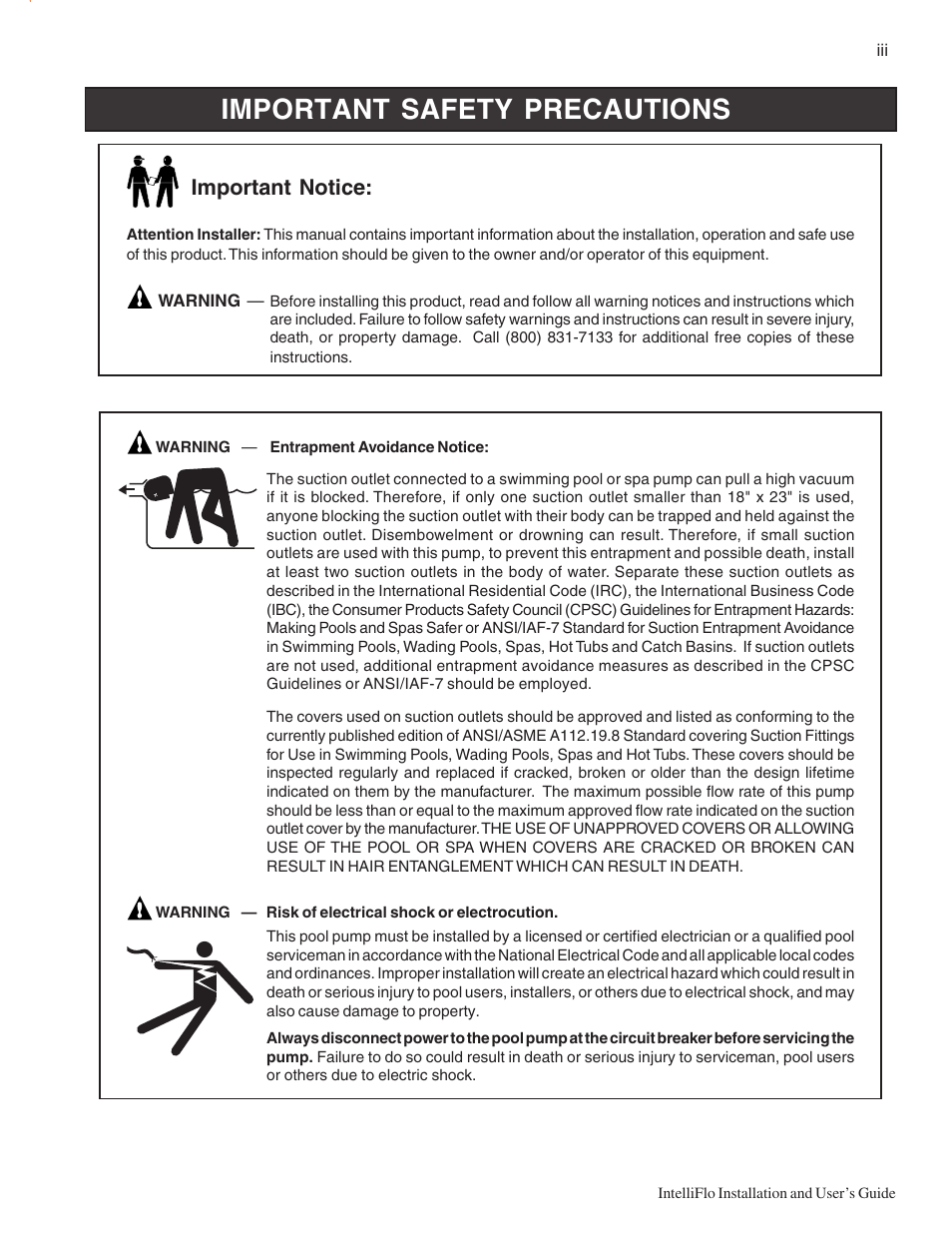 Important safety precautions, Important notice | Pentair Variable Speed Pump IntelliFlo User Manual | Page 5 / 64