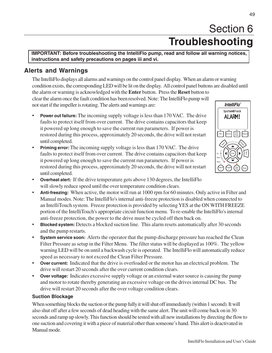 Alerts and warnings, Alarm | Pentair Variable Speed Pump IntelliFlo User Manual | Page 55 / 64