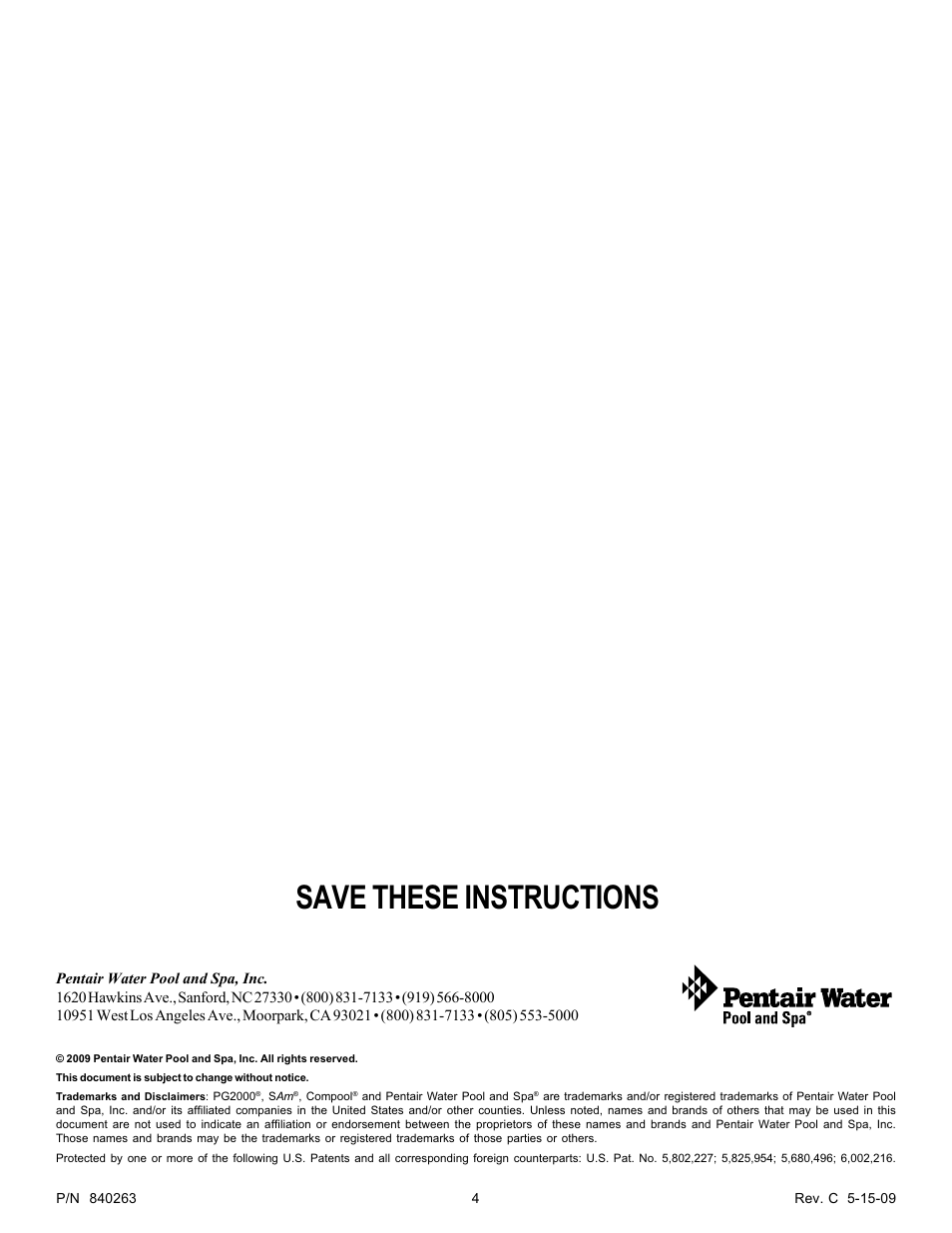 Save these instructions | Pentair PG2000 User Manual | Page 4 / 4