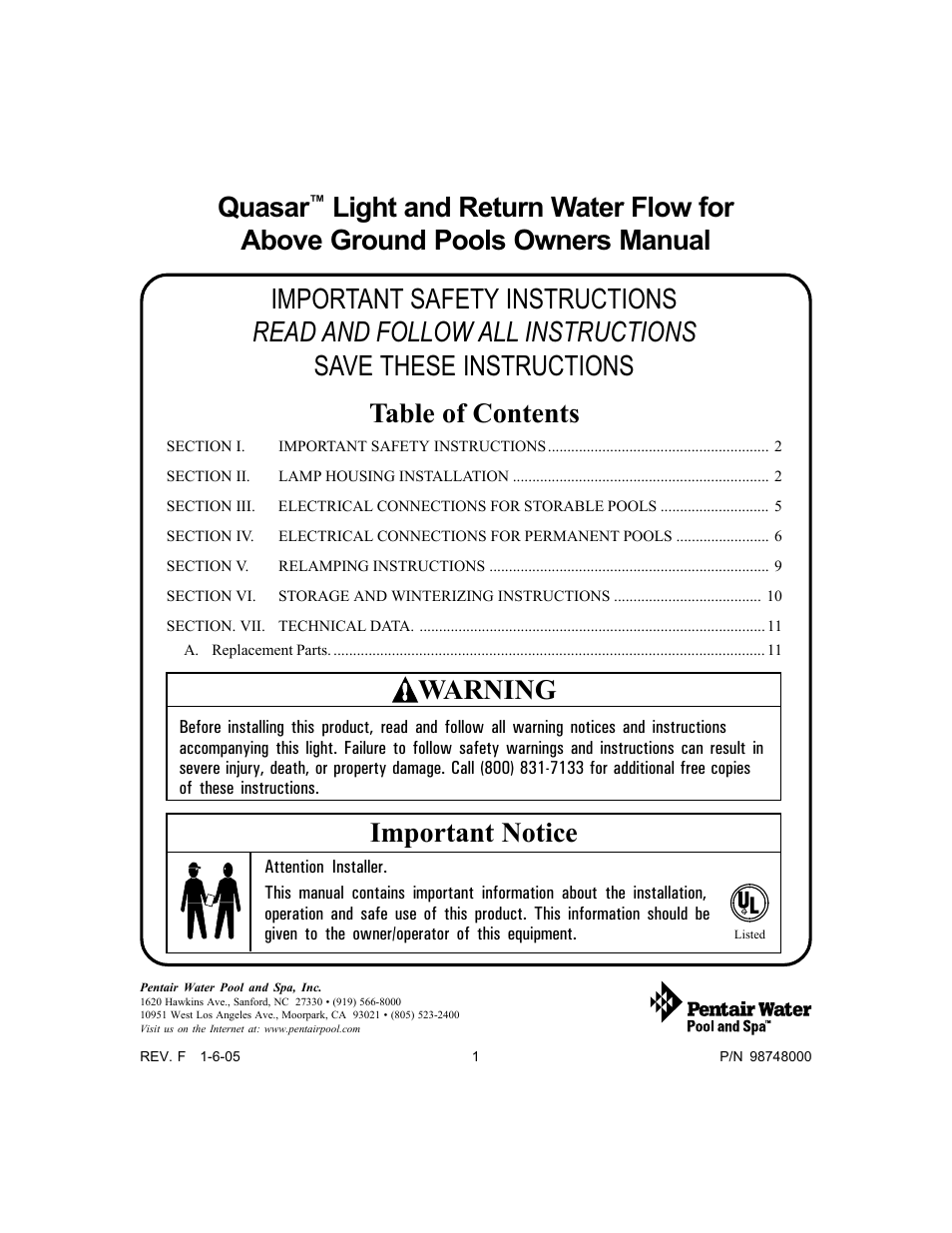 Pentair Light and Return Water Flow Quasar User Manual | 12 pages