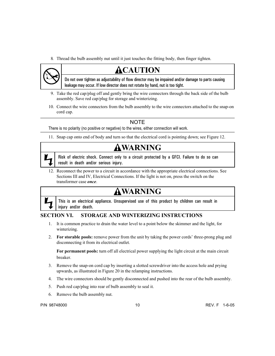 Caution, Warning | Pentair Light and Return Water Flow Quasar User Manual | Page 10 / 12