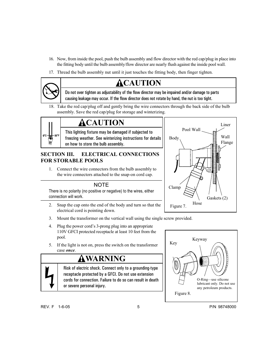 Caution, Warning | Pentair Light and Return Water Flow Quasar User Manual | Page 5 / 12