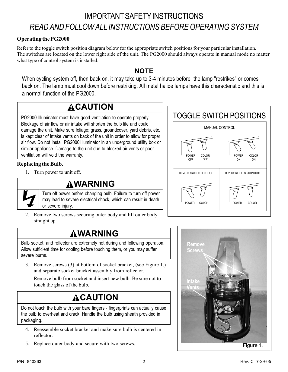 Caution, Warning, Toggle switch positions | Pentair Illuminator PG2000 User Manual | Page 2 / 4