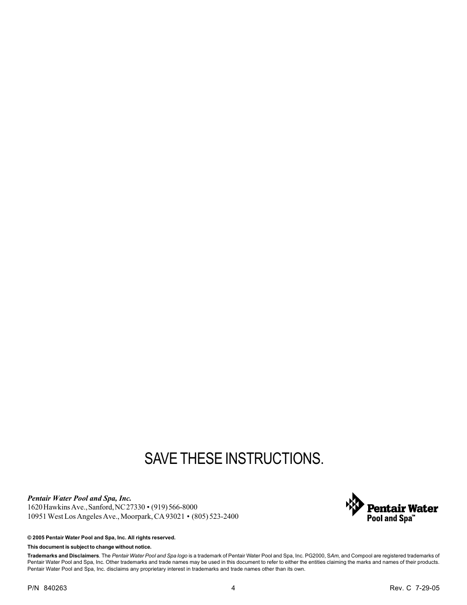 Save these instructions | Pentair Illuminator PG2000 User Manual | Page 4 / 4