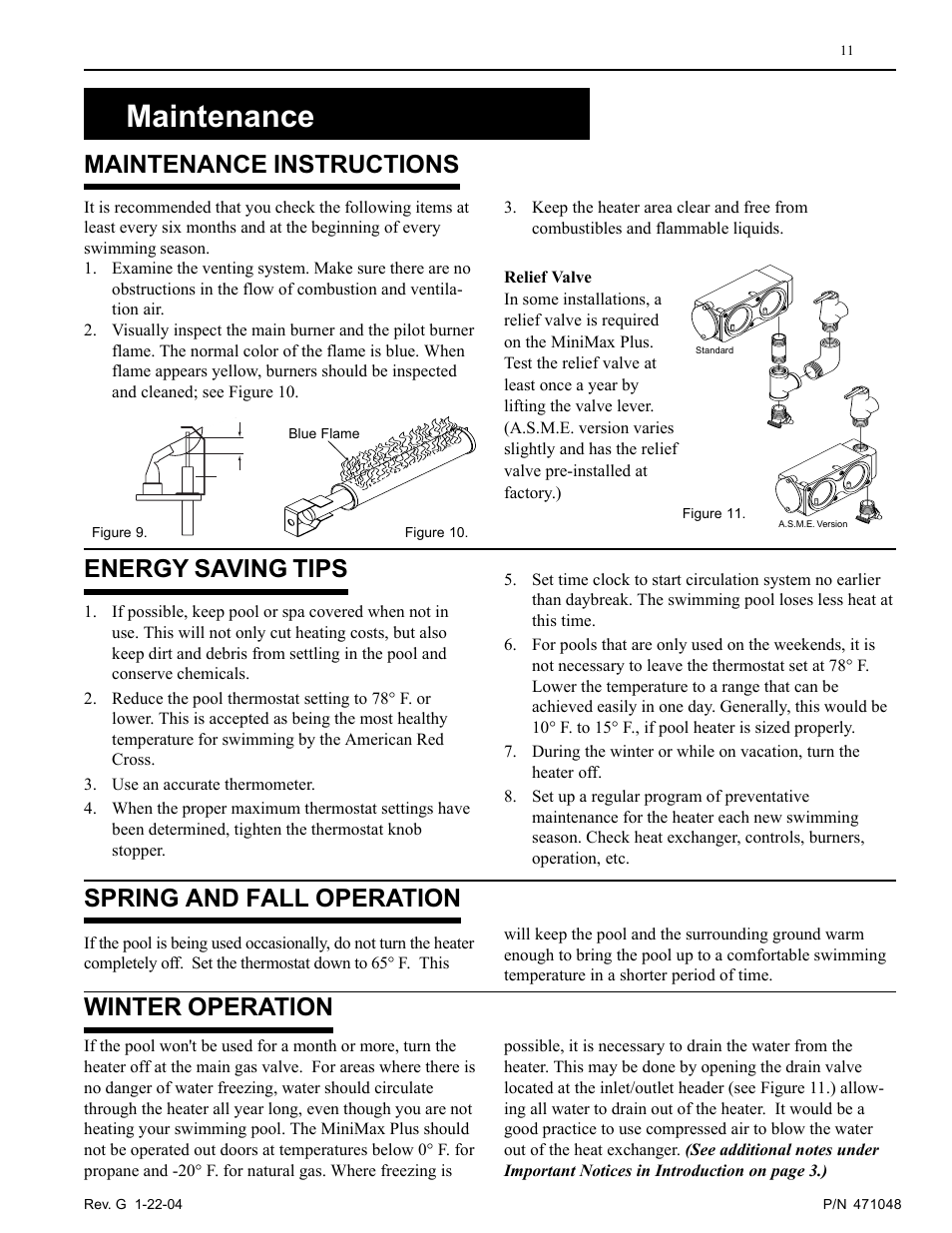 Maintenance, Maintenance instructions, Energy saving tips | Spring and fall operation, Winter operation | Pentair 100 User Manual | Page 11 / 40