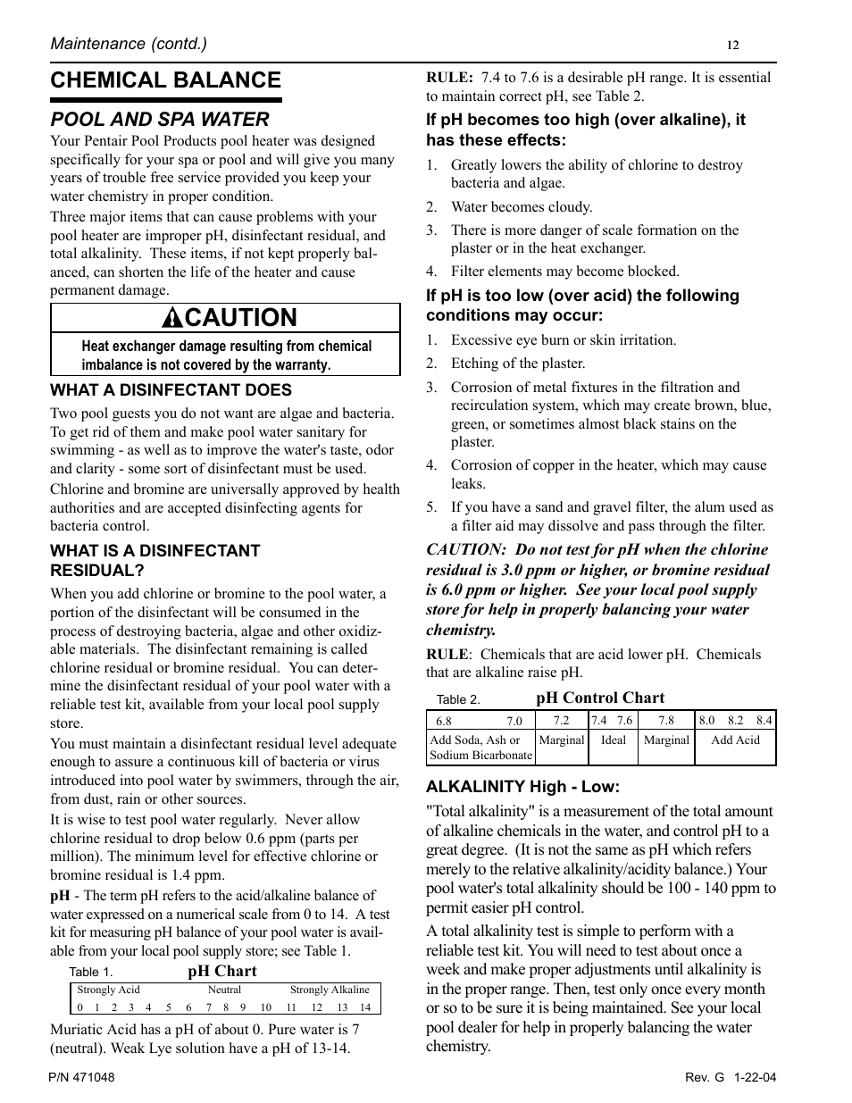 Caution, Chemical balance, Pool and spa water | Pentair 100 User Manual | Page 12 / 40