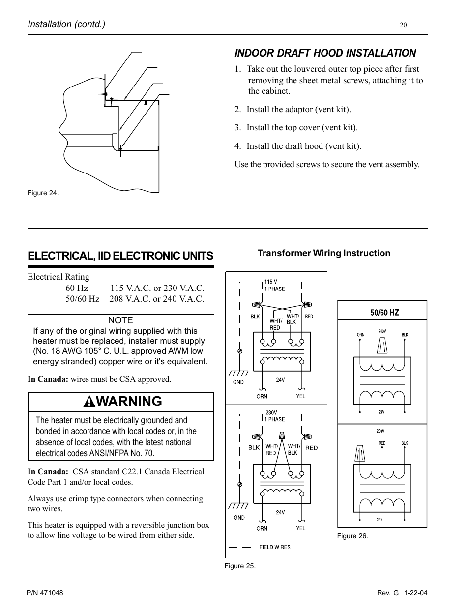 Warning, Electrical, iid electronic units, Indoor draft hood installation | Pentair 100 User Manual | Page 20 / 40