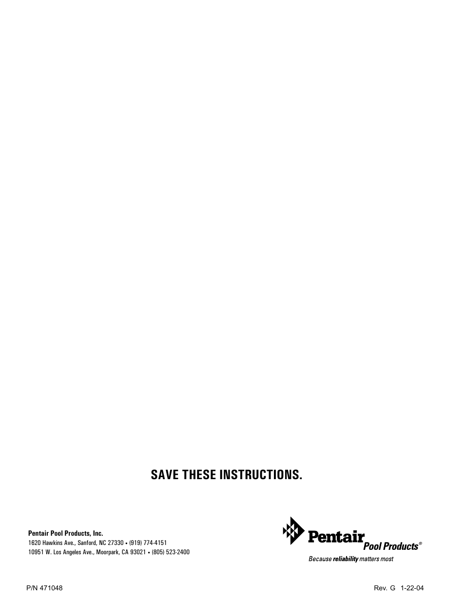 Save these instructions | Pentair 100 User Manual | Page 40 / 40