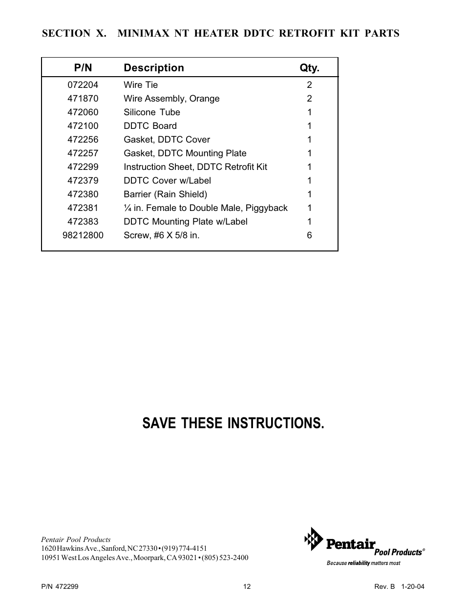 Save these instructions | Pentair MiniMax NT Heater User Manual | Page 12 / 12