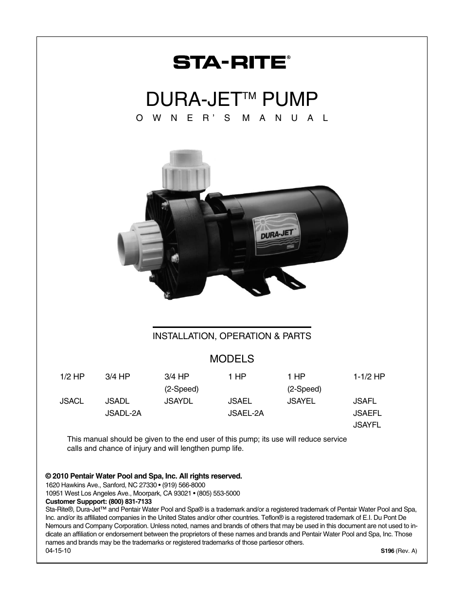 Pentair DURA-JET JSAYDL User Manual | 16 pages