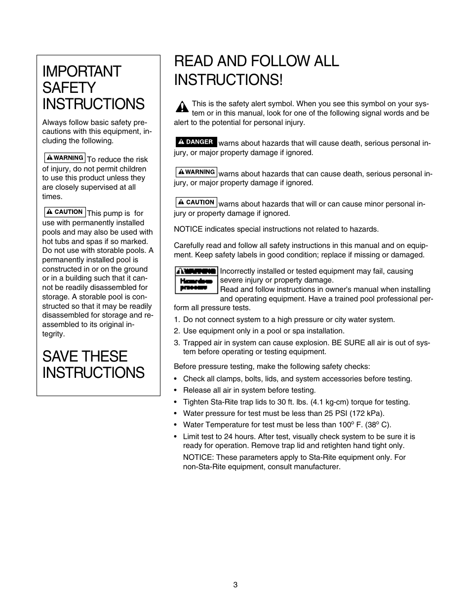 Read and follow all instructions, Important safety instructions, Save these instructions | Pentair DURA-JET JSAYDL User Manual | Page 3 / 16