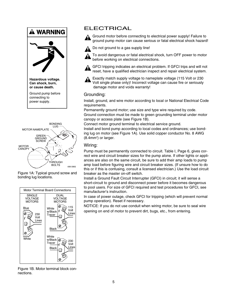 Electrical, Grounding, Wiring | Or larger, Figure 1b. motor terminal block con- nections | Pentair DURA-JET JSAYDL User Manual | Page 5 / 16