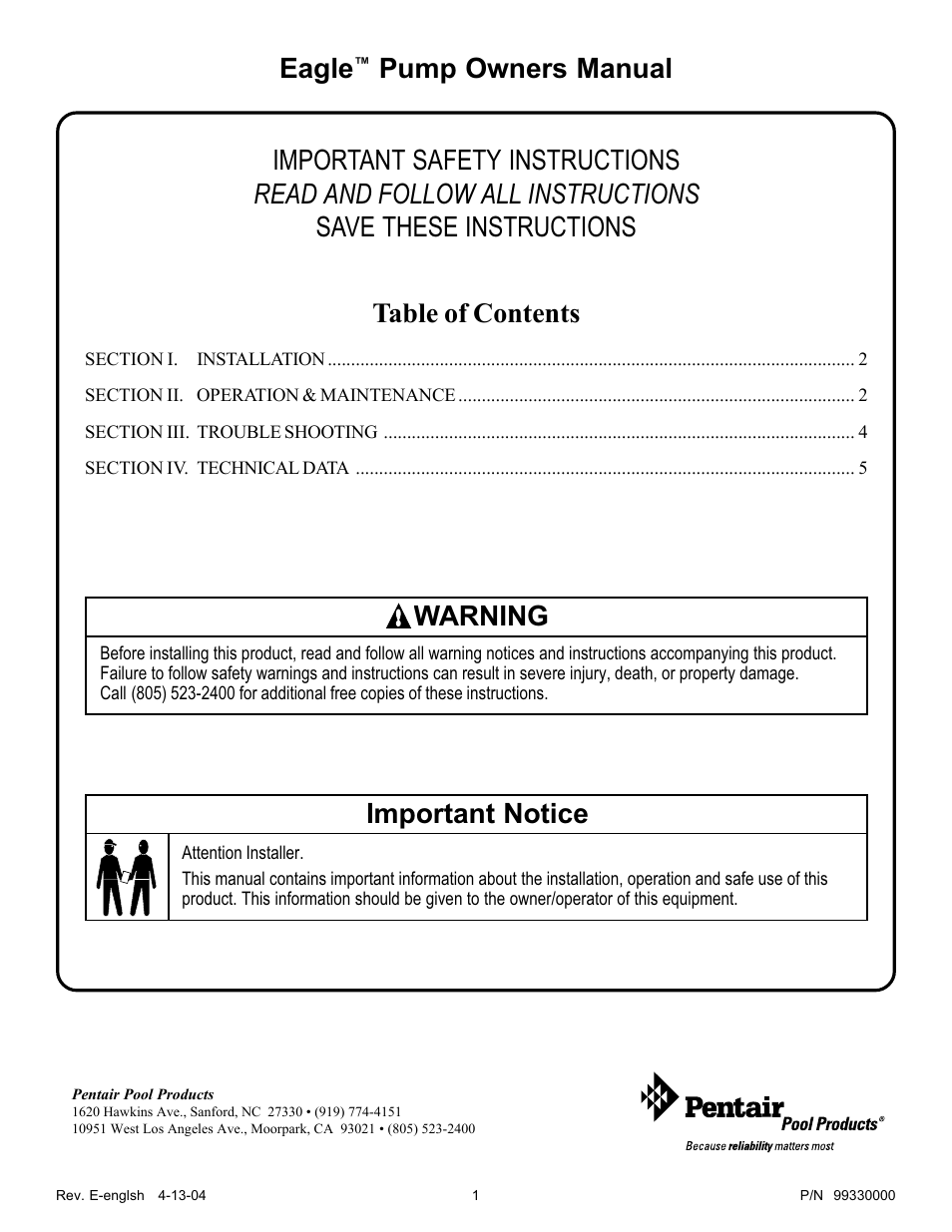 Pentair Pump Eagle User Manual | 6 pages