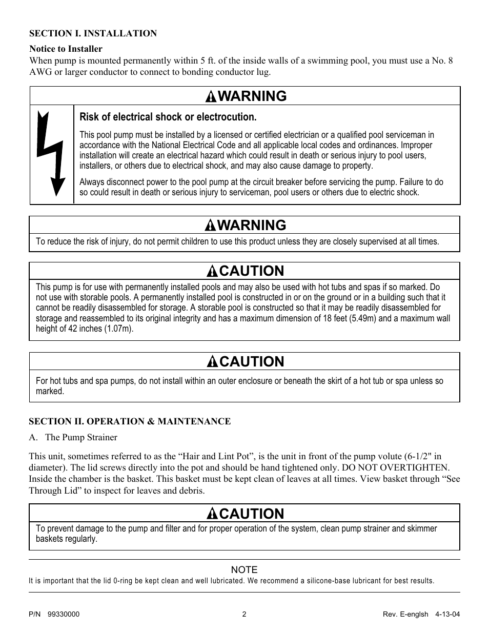 Warning, Caution, Risk of electrical shock or electrocution | Pentair Pump Eagle User Manual | Page 2 / 6