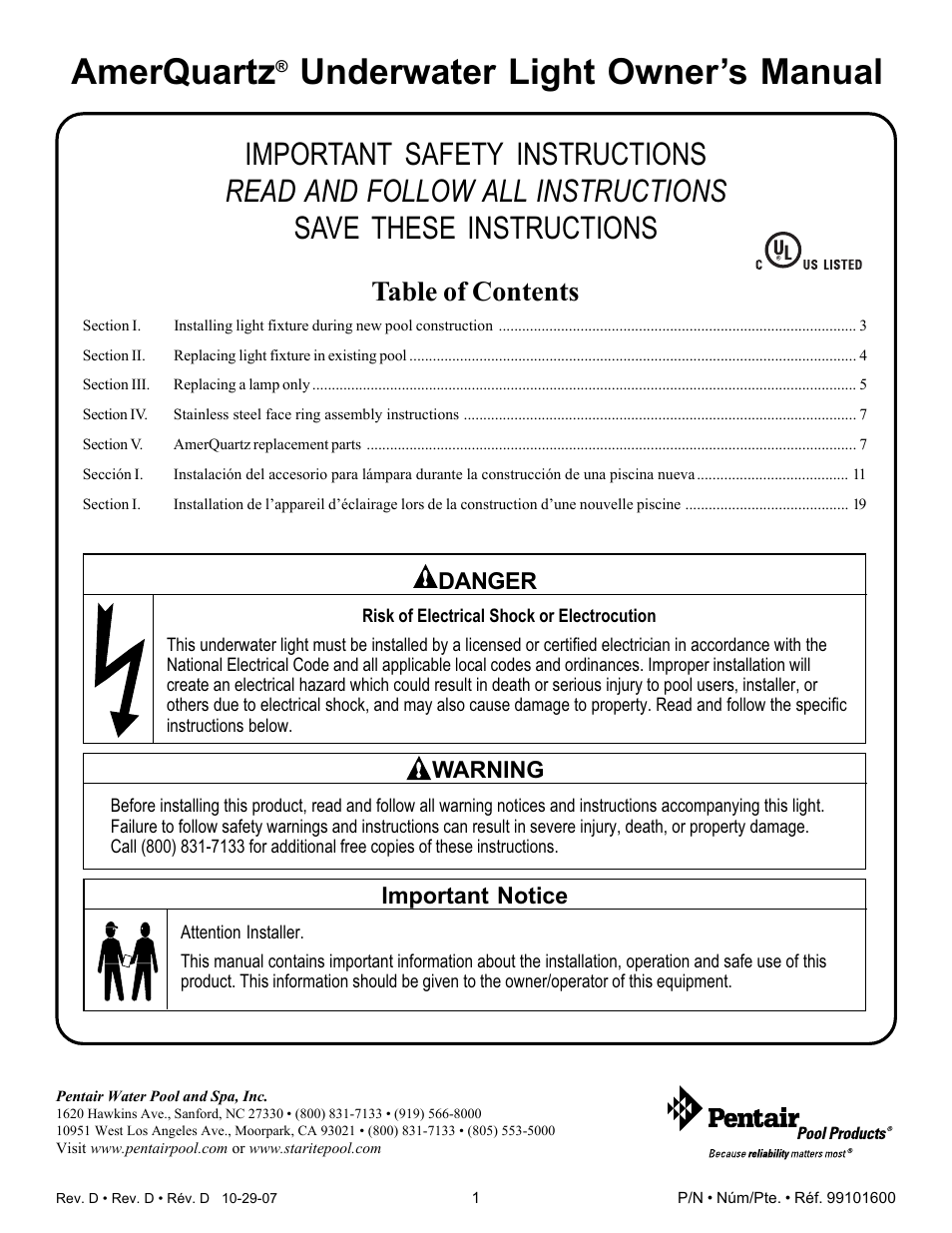 Pentair Underwater Light AmerQuartz User Manual | 24 pages
