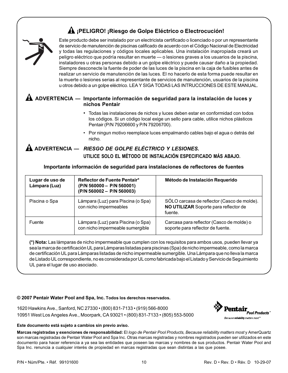 Pentair Underwater Light AmerQuartz User Manual | Page 10 / 24