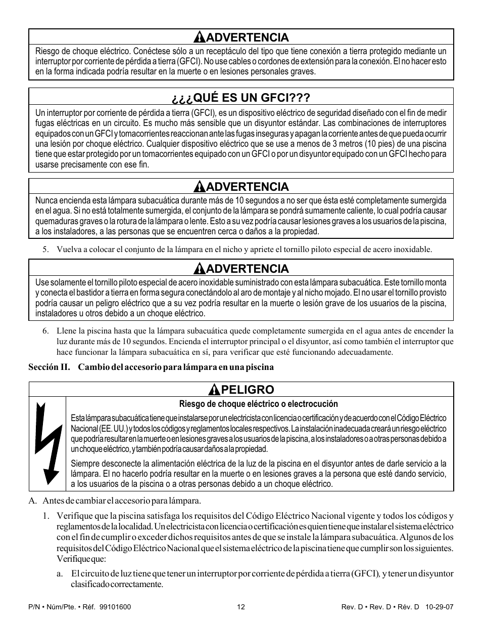 Advertencia, Qué es un gfci, Peligro | Pentair Underwater Light AmerQuartz User Manual | Page 12 / 24