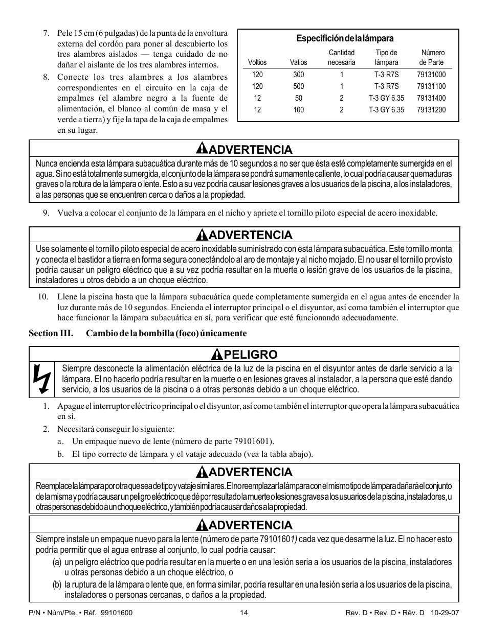 Advertencia, Peligro | Pentair Underwater Light AmerQuartz User Manual | Page 14 / 24