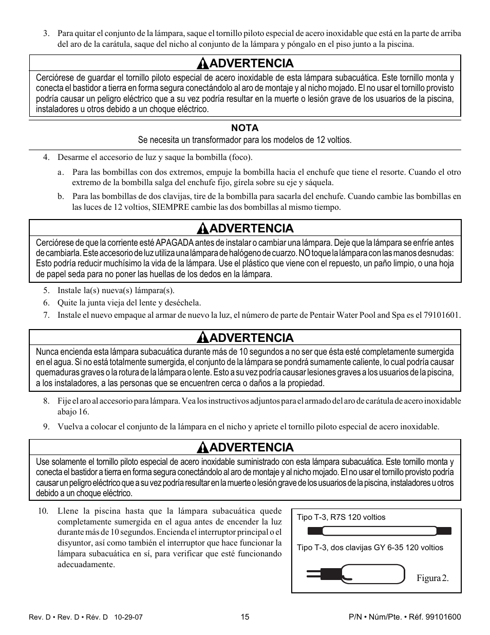 Advertencia | Pentair Underwater Light AmerQuartz User Manual | Page 15 / 24