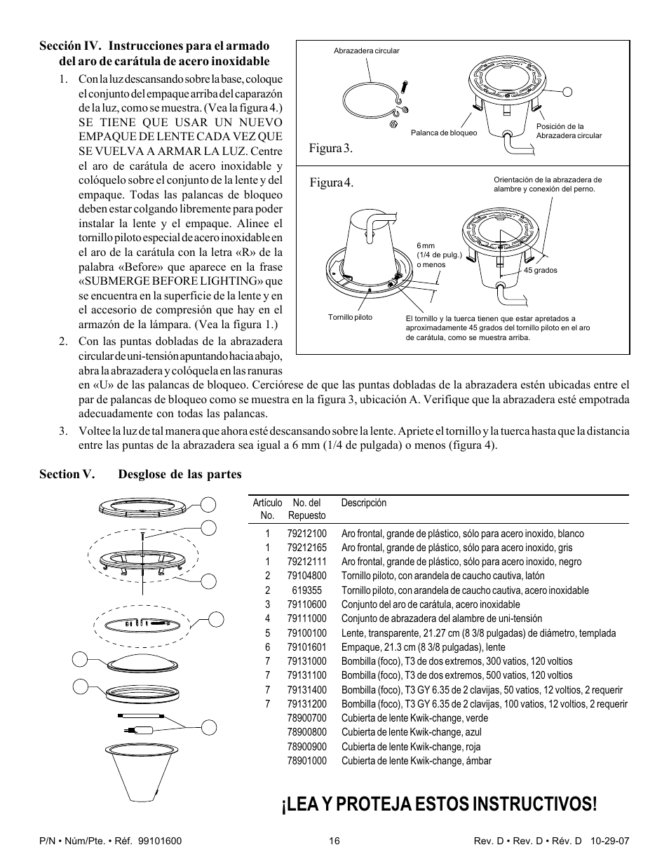 Lea y proteja estos instructivos | Pentair Underwater Light AmerQuartz User Manual | Page 16 / 24