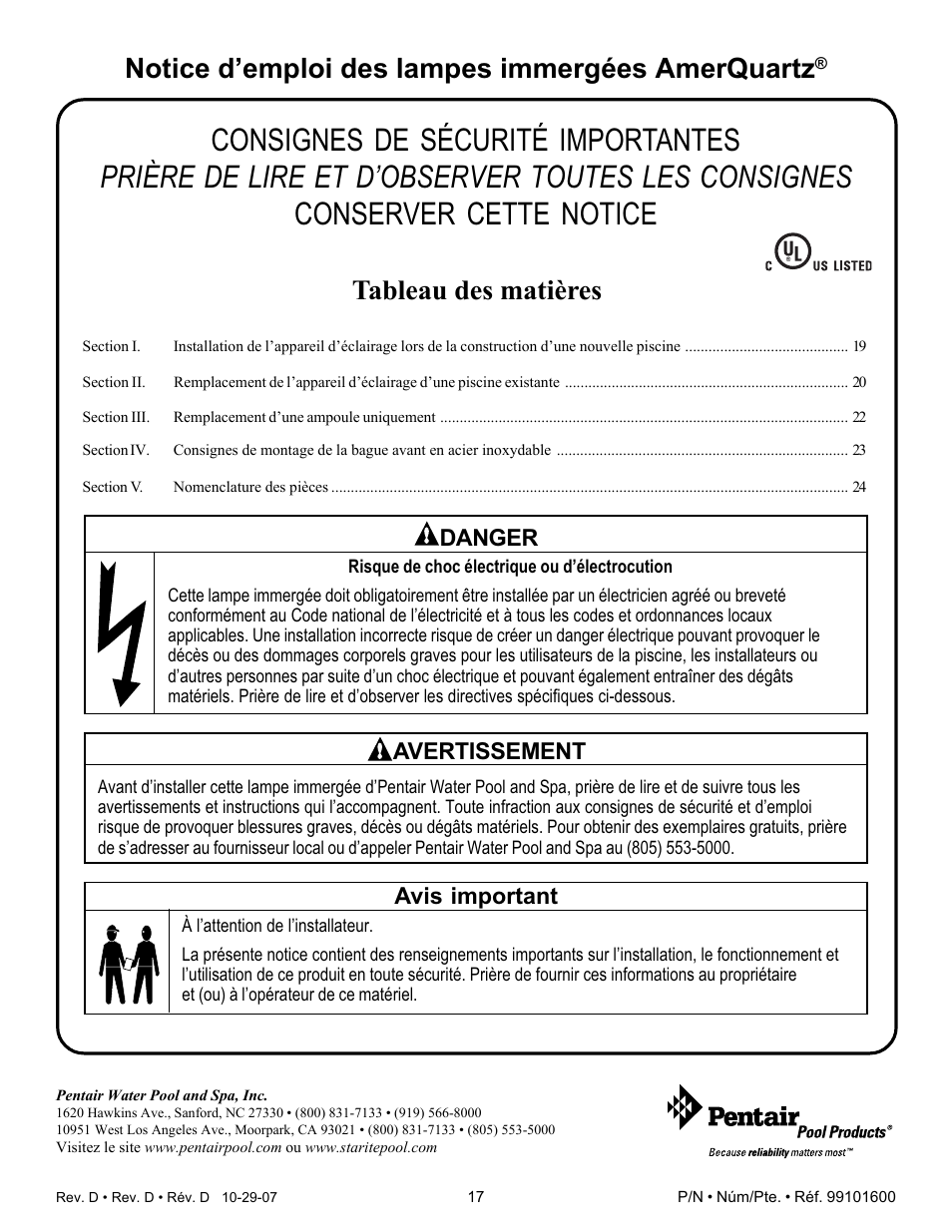 Pentair Underwater Light AmerQuartz User Manual | Page 17 / 24