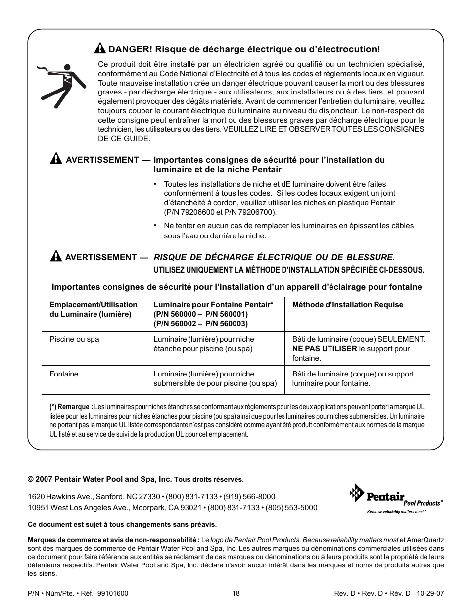 Pentair Underwater Light AmerQuartz User Manual | Page 18 / 24