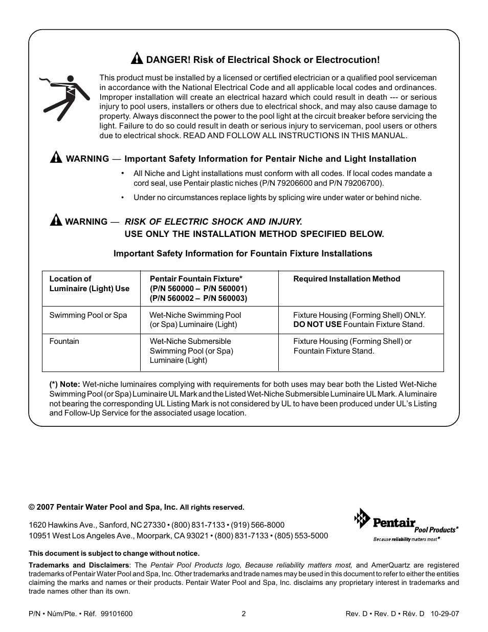 Pentair Underwater Light AmerQuartz User Manual | Page 2 / 24