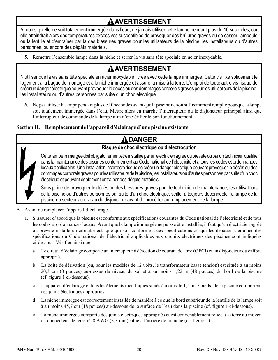 Avertissement, Danger | Pentair Underwater Light AmerQuartz User Manual | Page 20 / 24