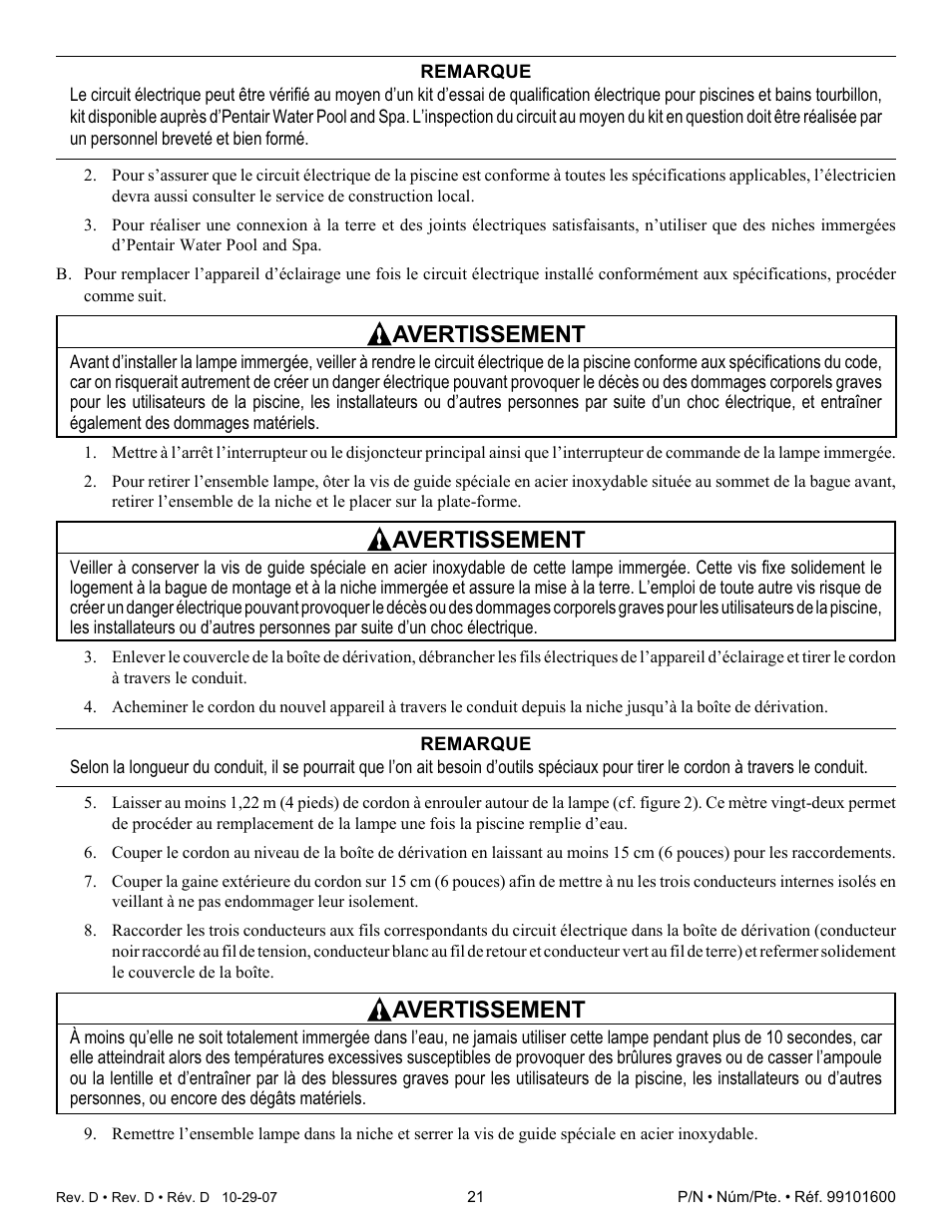 Avertissement | Pentair Underwater Light AmerQuartz User Manual | Page 21 / 24