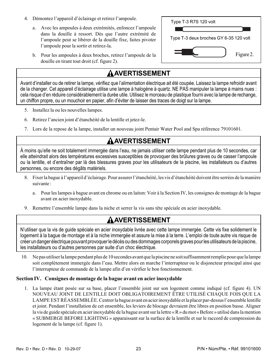 Avertissement | Pentair Underwater Light AmerQuartz User Manual | Page 23 / 24