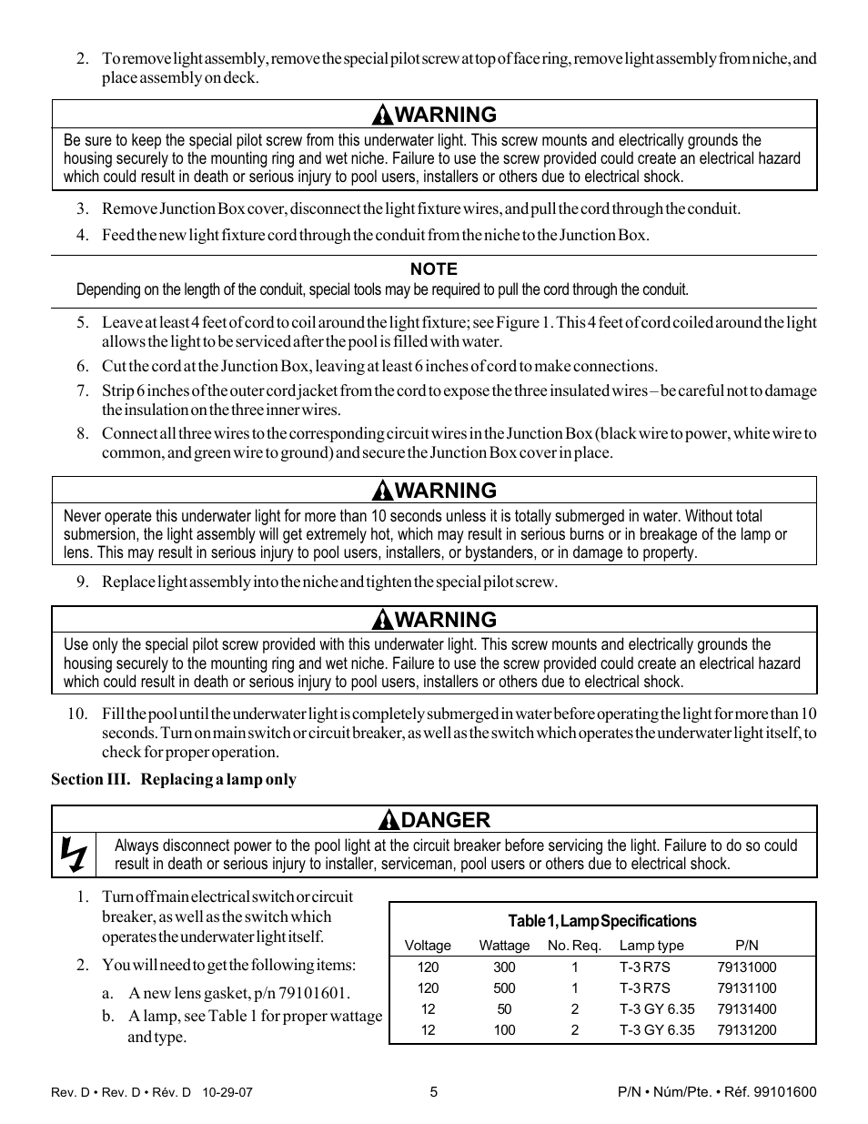 Warning, Danger | Pentair Underwater Light AmerQuartz User Manual | Page 5 / 24