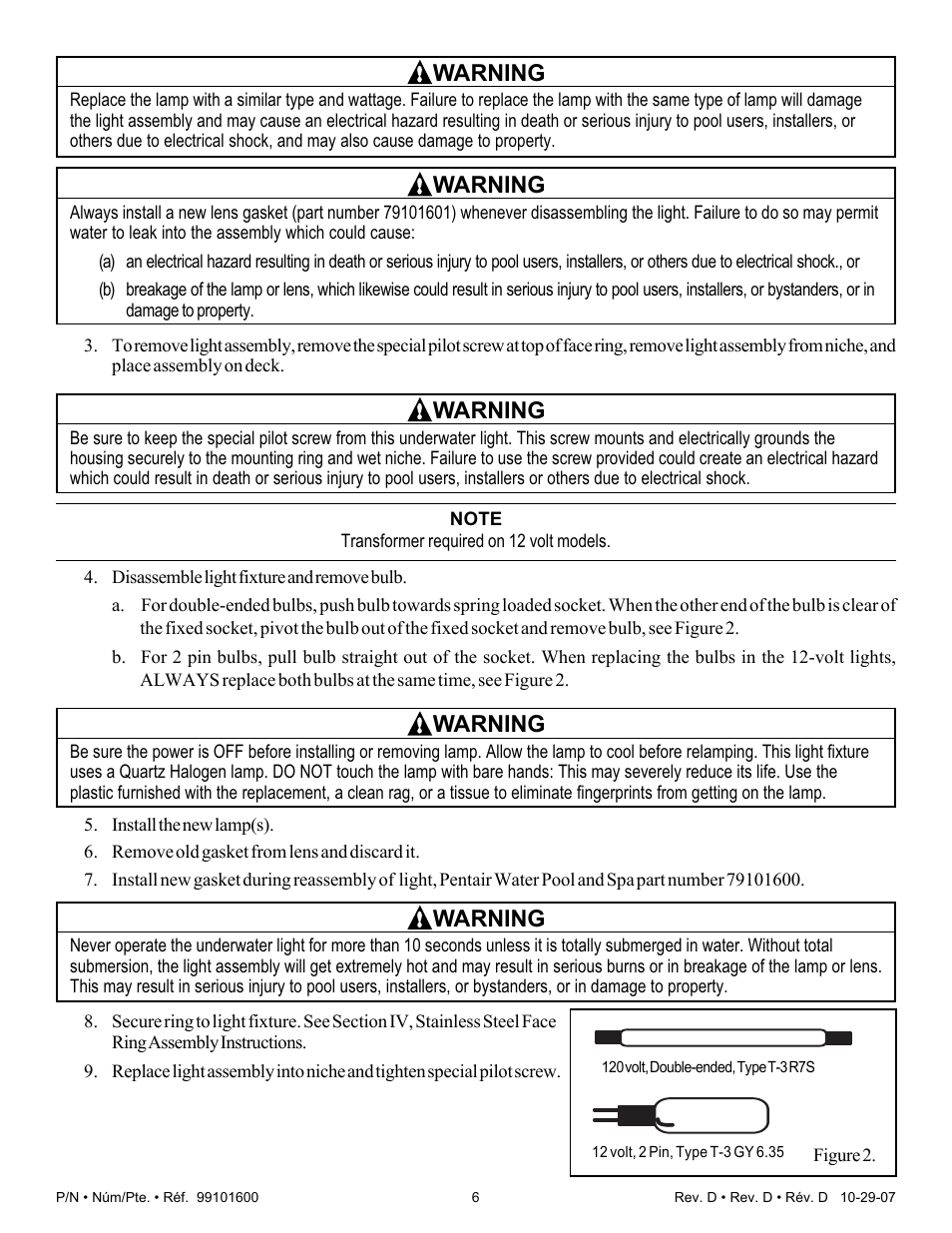 Warning | Pentair Underwater Light AmerQuartz User Manual | Page 6 / 24