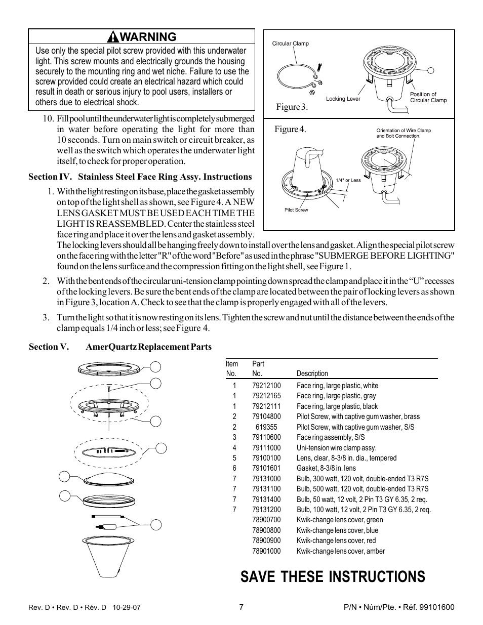 Save these instructions, Warning | Pentair Underwater Light AmerQuartz User Manual | Page 7 / 24