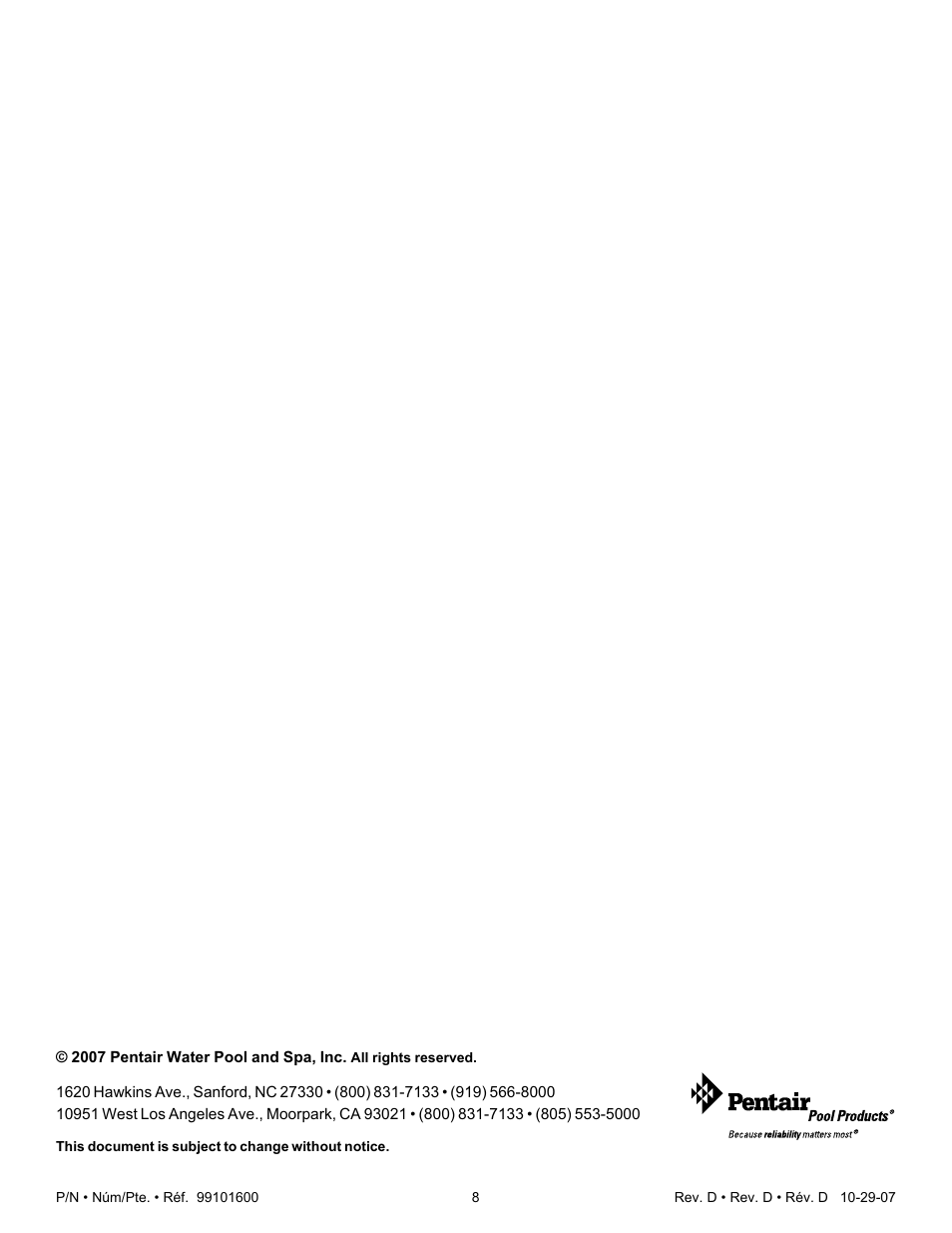 Pentair Underwater Light AmerQuartz User Manual | Page 8 / 24