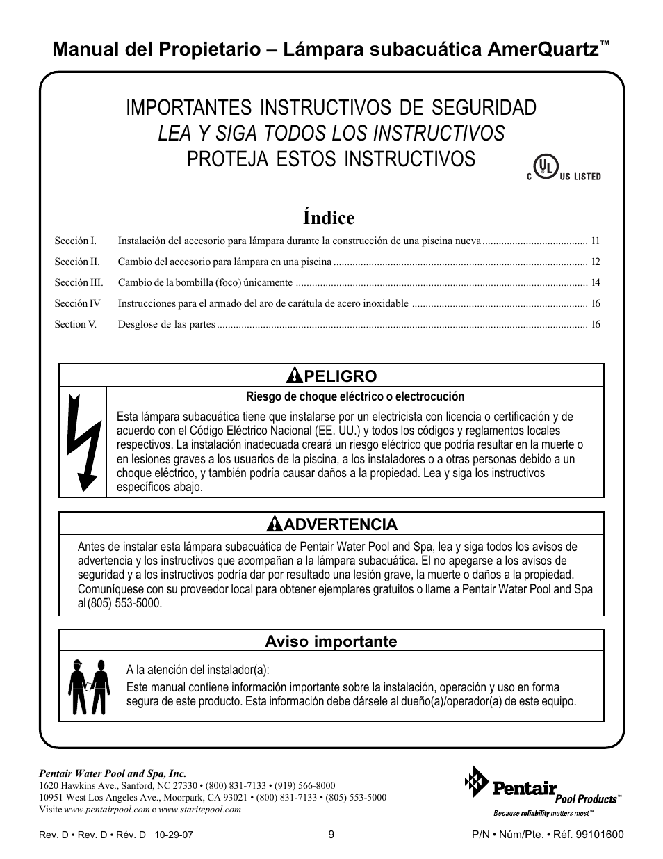 Índice, Aviso importante, Advertencia peligro | Pentair Underwater Light AmerQuartz User Manual | Page 9 / 24