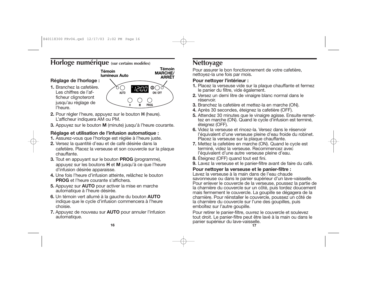 Nettoyage, Horloge numérique | Proctor-Silex 49414 User Manual | Page 10 / 19