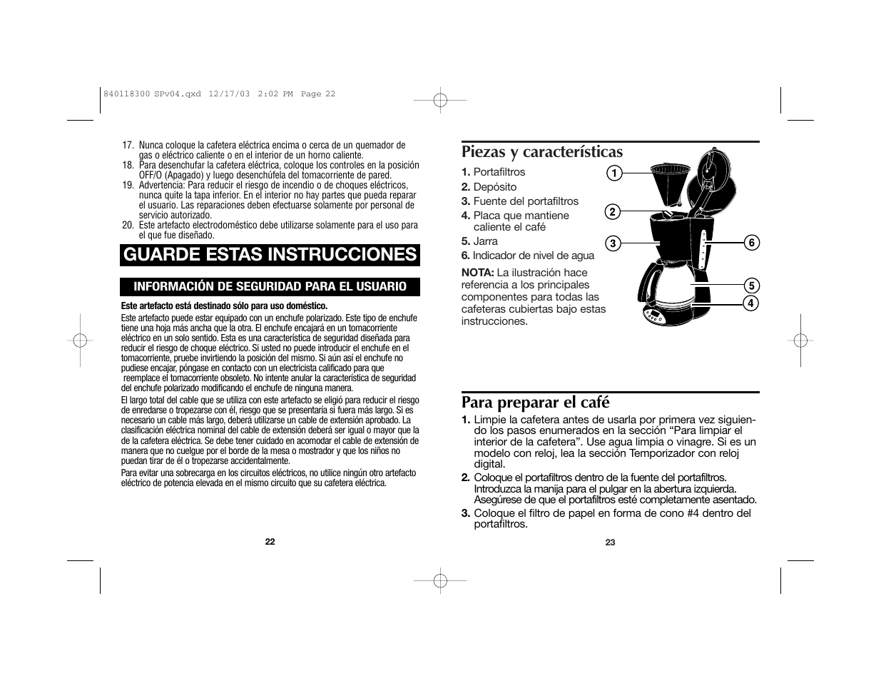 Guarde estas instrucciones, Piezas y características, Para preparar el café | Proctor-Silex 49414 User Manual | Page 14 / 19