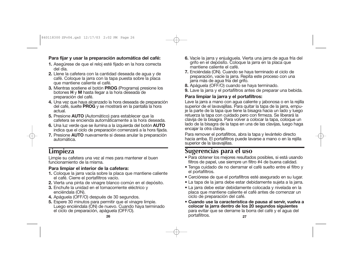 Sugerencias para el uso, Limpieza | Proctor-Silex 49414 User Manual | Page 16 / 19