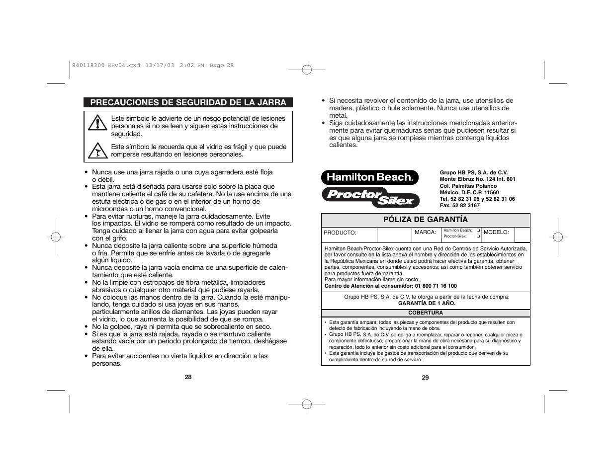 Precauciones de seguridad de la jarra | Proctor-Silex 49414 User Manual | Page 17 / 19