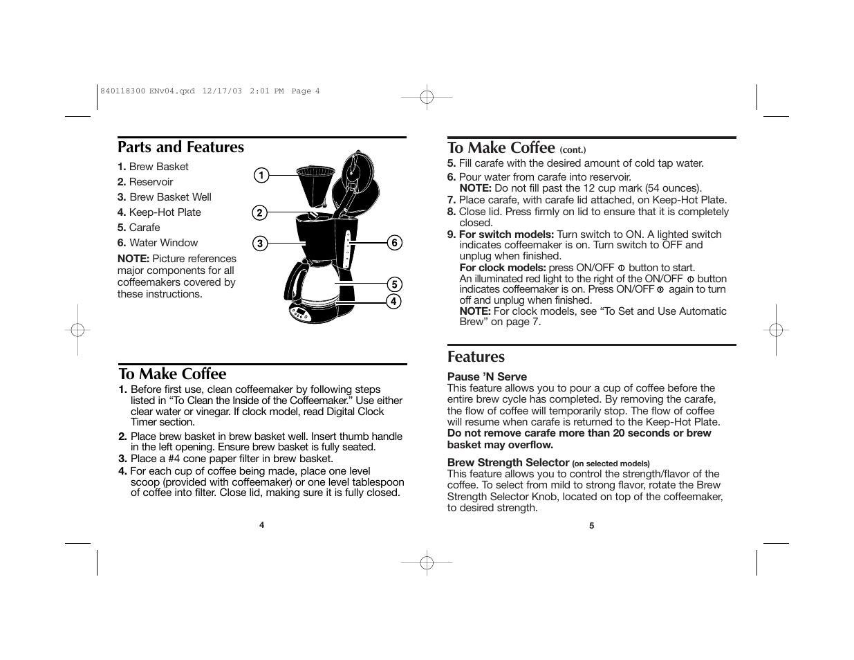 Features, Parts and features | Proctor-Silex 49414 User Manual | Page 3 / 19