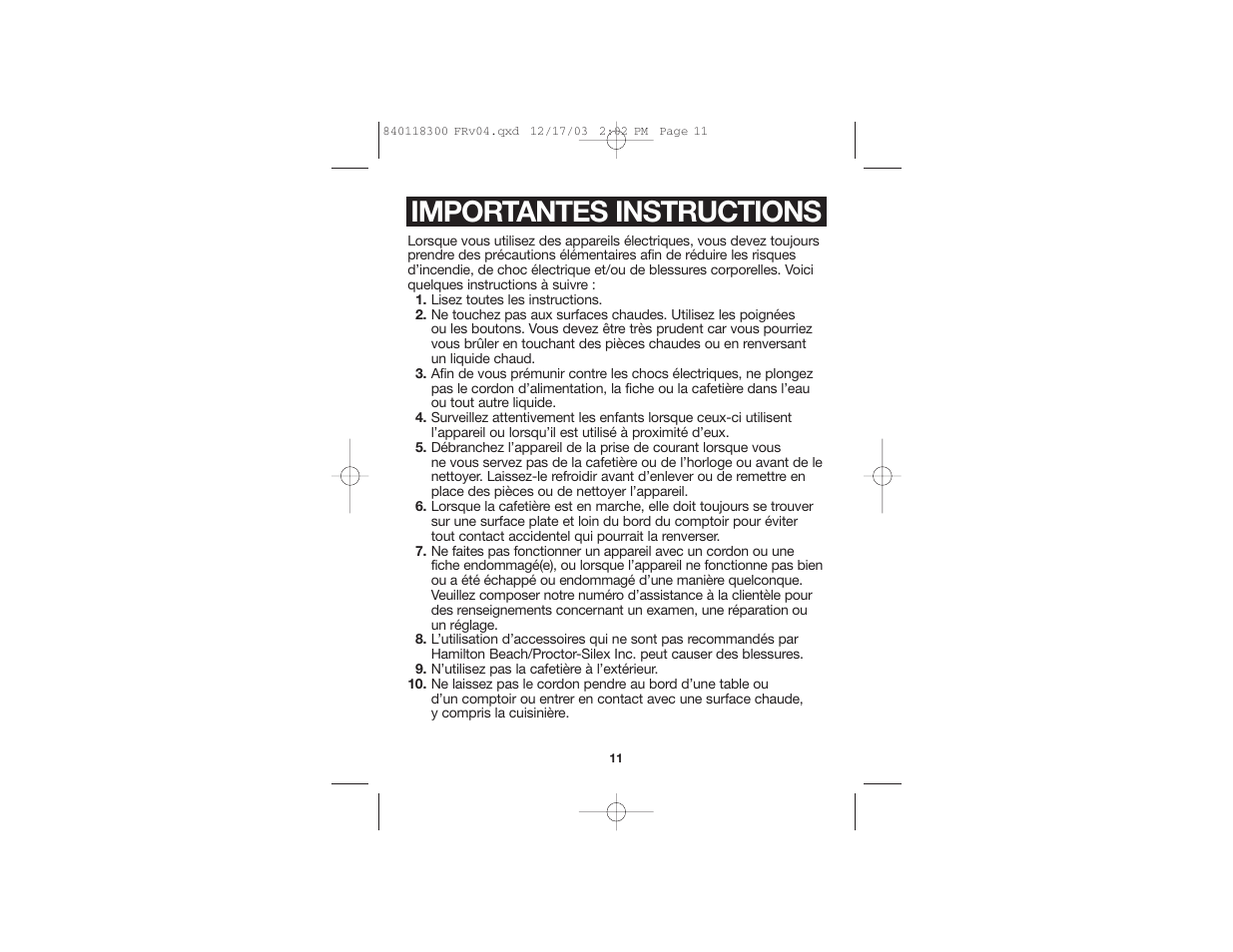 Importantes instructions | Proctor-Silex 49414 User Manual | Page 7 / 19