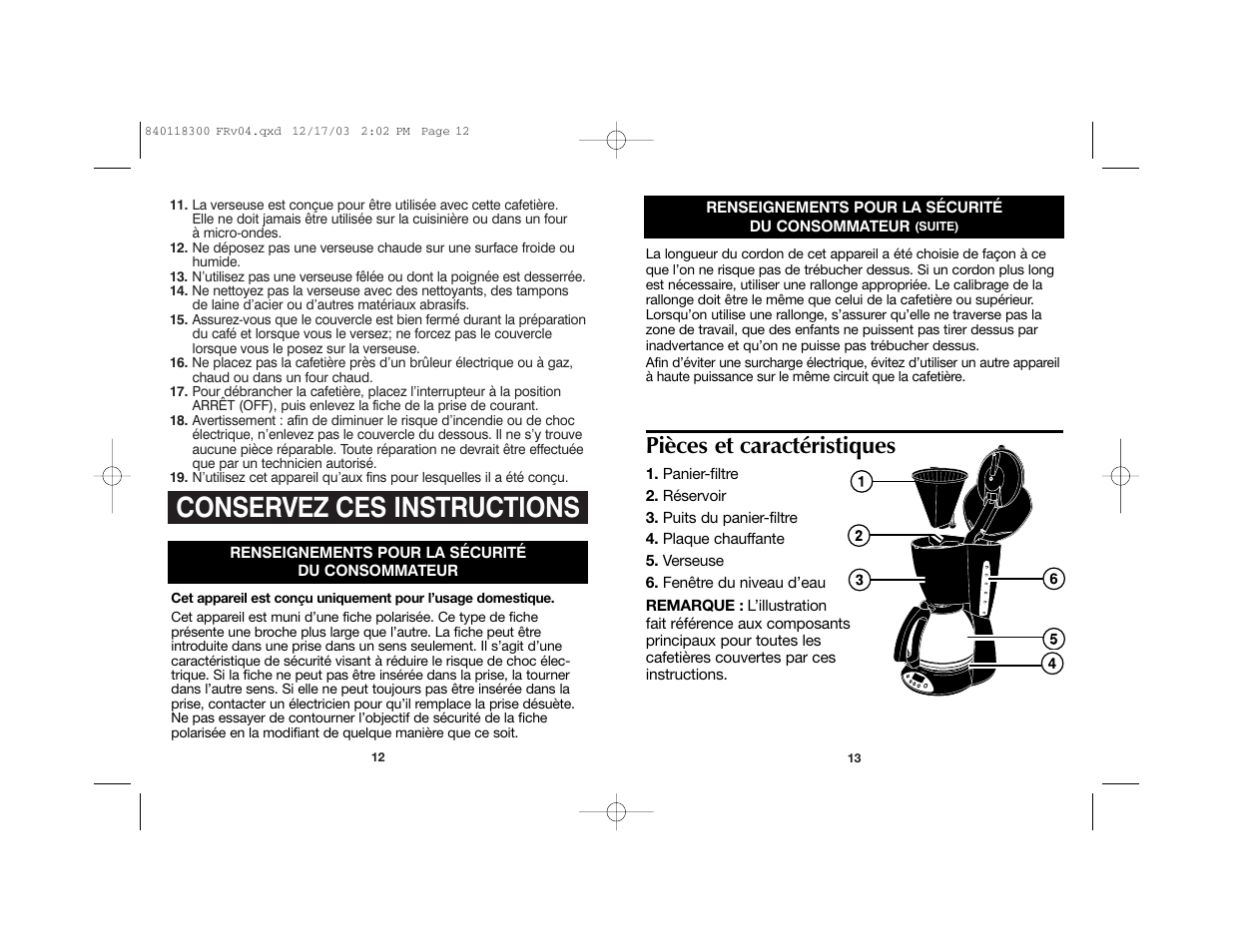 Conservez ces instructions, Pièces et caractéristiques | Proctor-Silex 49414 User Manual | Page 8 / 19