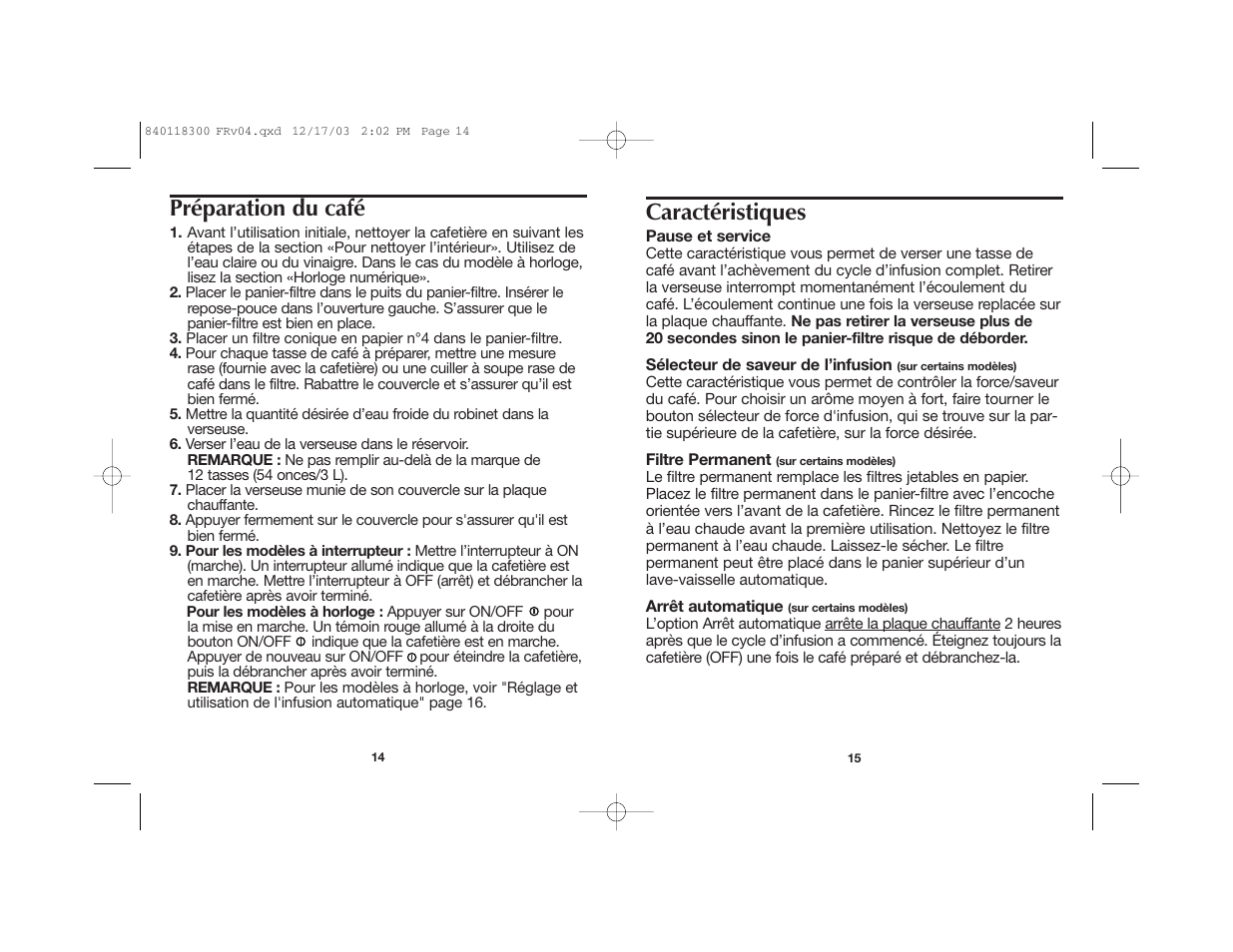 Caractéristiques, Préparation du café | Proctor-Silex 49414 User Manual | Page 9 / 19