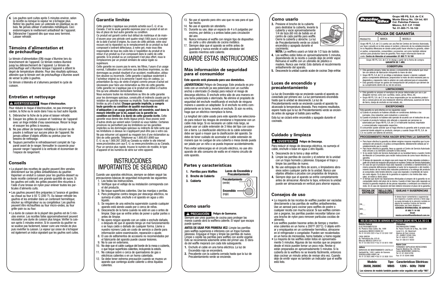 Instrucciones importantes de seguridad, Guarde estas instrucciones, Entretien et nettoyage | Conseils, Garantie limitée, Más información de seguridad para el consumidor, Partes y características, Como usarlo, Cuidado y limpieza, Consejos de uso | Proctor-Silex 840178501 User Manual | Page 2 / 2