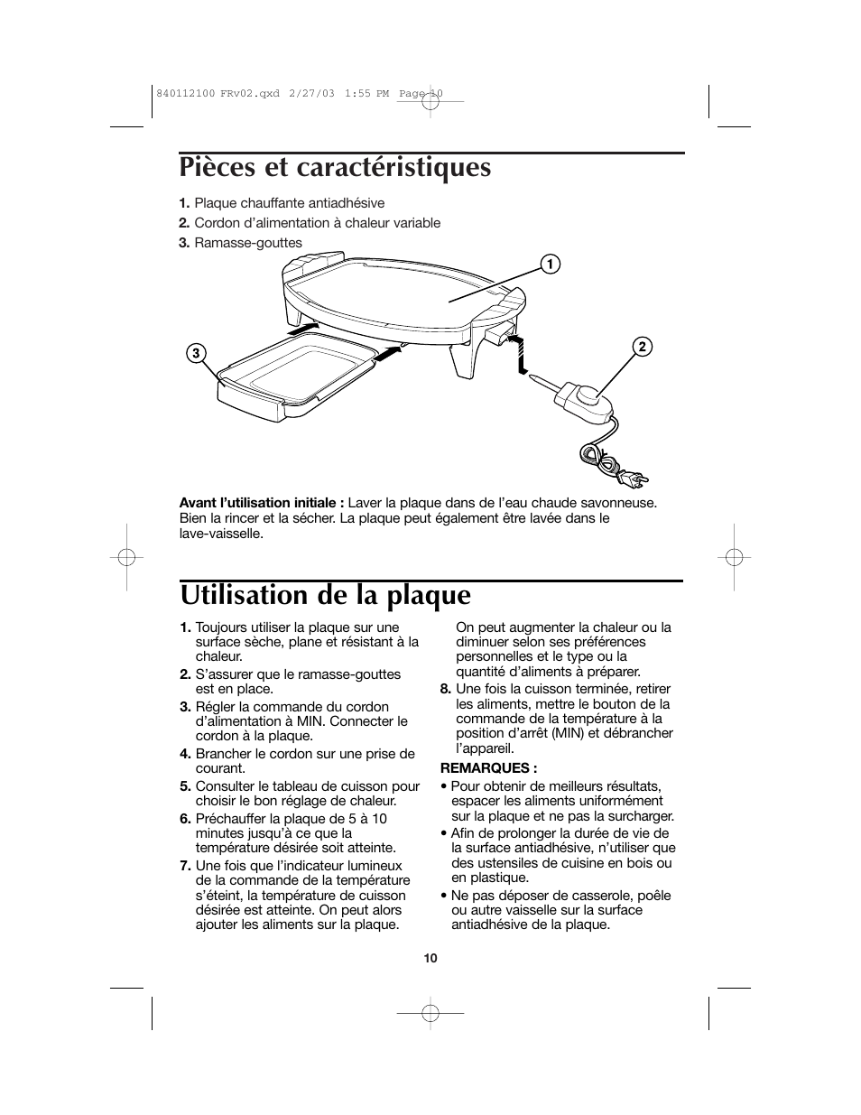 Pièces et caractéristiques, Utilisation de la plaque | Proctor-Silex 840112100 User Manual | Page 10 / 24