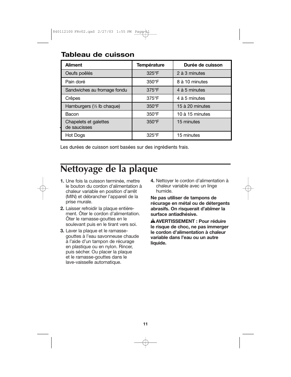 Nettoyage de la plaque, Tableau de cuisson | Proctor-Silex 840112100 User Manual | Page 11 / 24