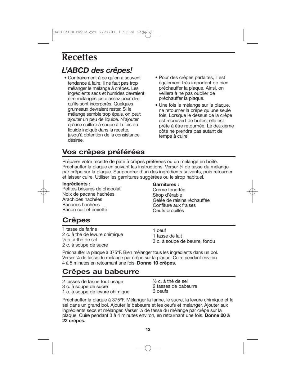 Recettes, L’abcd des crêpes, Vos crêpes préférées | Crêpes, Crêpes au babeurre | Proctor-Silex 840112100 User Manual | Page 12 / 24