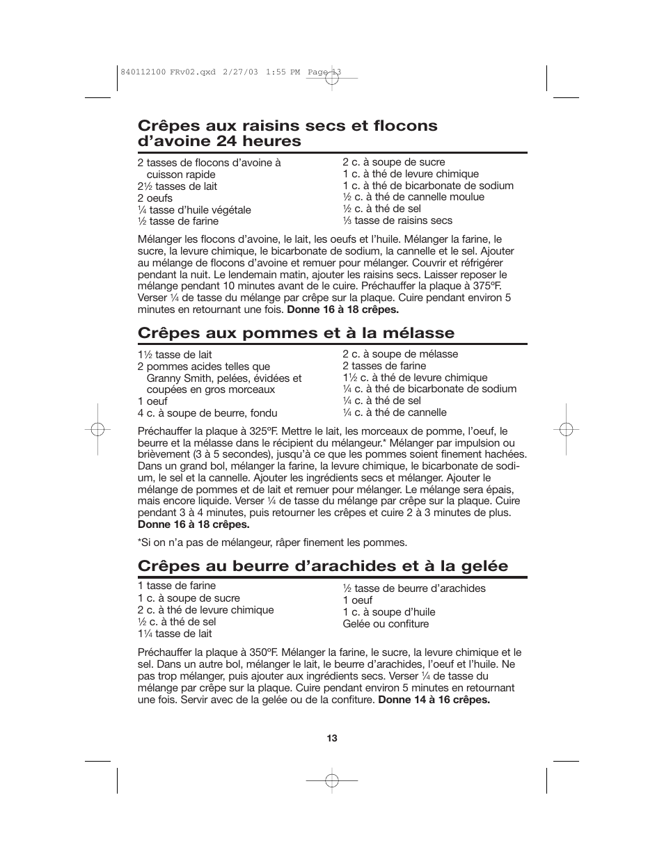 Crêpes aux pommes et à la mélasse, Crêpes au beurre d’arachides et à la gelée | Proctor-Silex 840112100 User Manual | Page 13 / 24