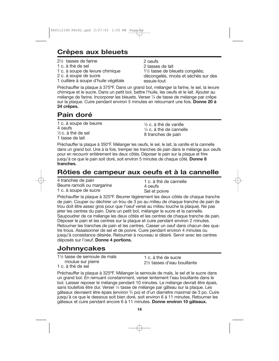 Crêpes aux bleuets, Pain doré, Rôties de campeur aux oeufs et à la cannelle | Johnnycakes | Proctor-Silex 840112100 User Manual | Page 14 / 24