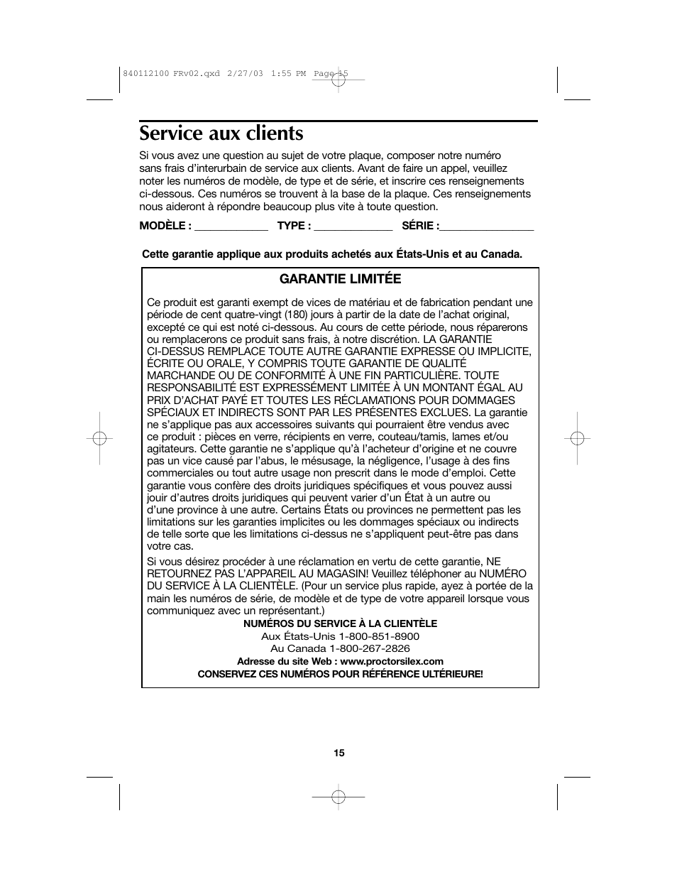 Service aux clients | Proctor-Silex 840112100 User Manual | Page 15 / 24